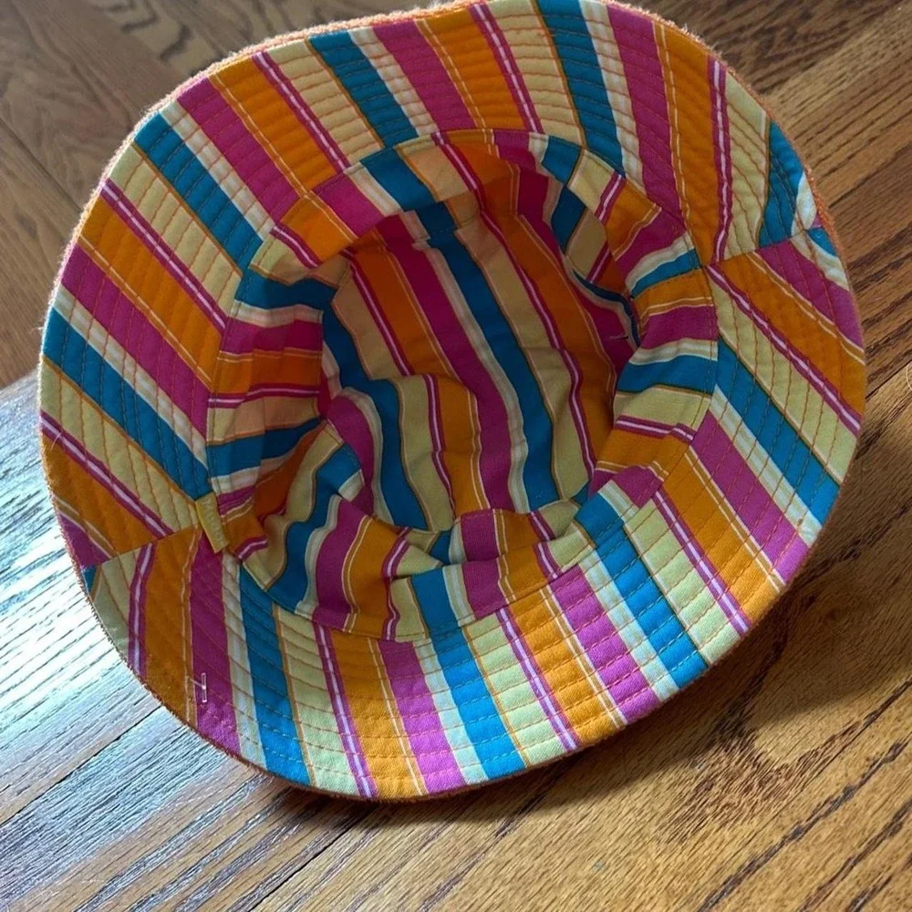 Y2K Mudd Orange Terrycloth Bucket Hat Striped Reversible Beach Tropical